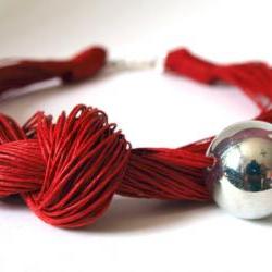 Red linen Necklace with silver